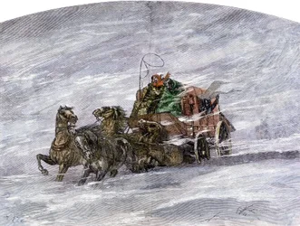 Geschichte der Siedler und der Eroberung des Westens: Amerikanische Pioniere. Kutsche in einer Wiese mitten im Schneesturm