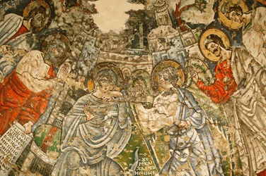 Heilige Jungfrau und Heiliger Johannes, Kame koptisches Kloster: 9. Jh. Fresko: Die Verkündigung. Maria ist umgeben von den Propheten Moses, Jesaja, Ezechiel und Daniel.