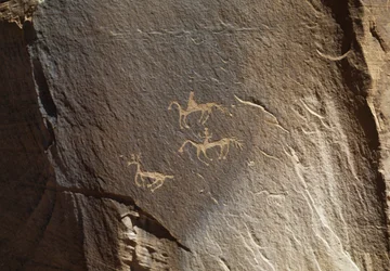 Jagdszene, Petroglyphe, Ledge Ruin, Canyon de Chelly National Monument, Navajo-Indianerreservat, Arizona, USA (Foto)