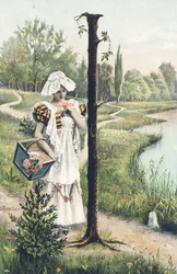 I: Eine Frau in Kleid, Schürze und Haube hält einen Korb auf ihrem rechten Arm. Ländliche Umgebung - Alphabet Figuren Ref Th. E., L. Theochrom - Serie 994. Theodor Eisman, Verleger, Leipzig