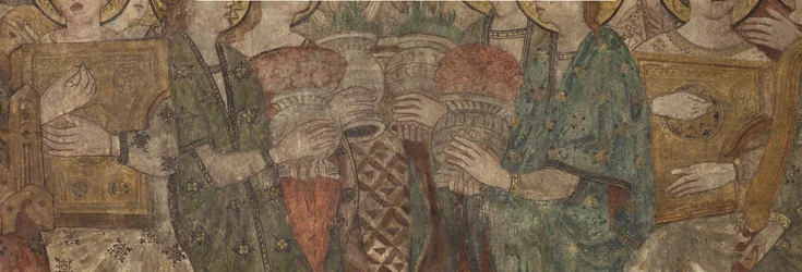 Innenansicht. Nordquerhaus. Altar (Altar der Wandmalereien). Original aus der Hauptkapelle. Wandmalereien (Fresko?). Detail. Ende 14. Jahrhundert.