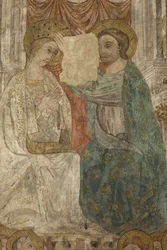 Innenraum. Nordquerhaus. Altar (Altar de las pinturas murales). Original aus der Hauptkapelle. Wandmalereien (Fresko?). (Detail). Ende des 14. Jahrhunderts.