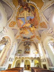 Innenraum, Deckenmalerei von Hans Andre, Servitenkirche, Innsbruck, Tirol, Österreich, Europa