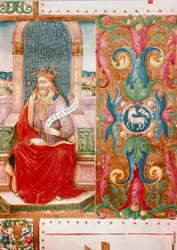 König Salomo auf dem Thron, illuminierte Lettrine aus Manuskript Ms. K C 43, Florenz, Museo dell