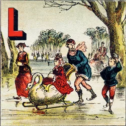 L: See. Ein See ist ein großes Wassergebiet, das von Land umgeben ist. Der Genfer See ist ein bewundernswerter See - Gravur aus Alphabet geographique. Guerin-Muller et Cie, Verleger, Paris