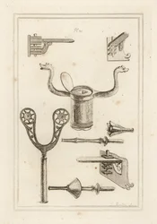 Lanzenstütze 1,2,3, Musketenstütze 4,5, Koronel oder Krone von einer Turnierlanze 6, Stab oder Griff einer Turnierlanze mit Handprotektor 7, und Turnierlanze ohne Handprotektor 8
