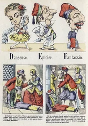 Buchstaben D, E und F: Tänzer, Lebensmittelhändler und Infanterie. Alphabet des orientalischen Märchens. Epinal-Bildgebung, um 1890. Beliebte Serie. Kleines Heft mit 8 Seiten.