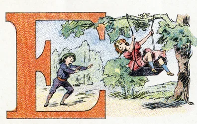 Buchstabe E: Schaukel. Alphabet von Phosphatine Falieres. Gravur. Brevete Alphabet S.G.D.G. von Apotheker Pierre Emile Falieres. Illustrationen in Chromolithografie, Ende des 19. Jahrhunderts.