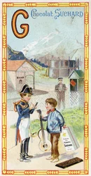 Buchstabe G: Gletscher, Gendarm, Gasometer, Kind, Station, Krieger, Wetterfahne, Gitarre. Gravur des Alphabets herausgegeben von Chocolat Suchard, Anfang des 20. Jahrhunderts. 24 Chromolithografien.
