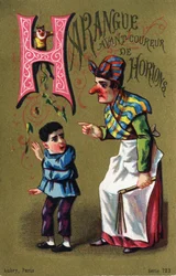 Buchstabe H: Ansprache vor dem Horionläufer. Gravur in "Alphabet des grotesques". Serie von 25 Werbechromolithographien auf goldenem Hintergrund, Ende des 19. Jahrhunderts.