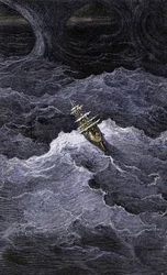 Literatur: Boot in der Mitte des Meeres. Illustration des Romans von Samuel Taylor Coleridge (1772-1834) „Rime of the Ancient Mariner“. Farbgravur nach einer Illustration von Gustave Doré