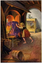 Literatur. Märchen. Hänsel und Gretel und die Hexe. Illustration von Otto Kubel für das Märchen der Brüder Grimm. Postkarte, Deutschland, ca. 1900