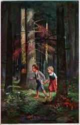 Literatur. Märchen. Hänsel und Gretel im Wald verloren. Illustration von Otto Kubel für das Märchen der Brüder Grimm. Postkarte, Deutschland, um 1900.