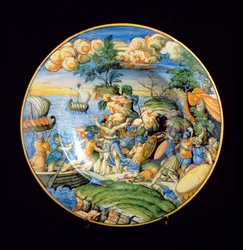 Majolika-Teller, der die Entführung von Helena von Troja darstellt, Italienisch
