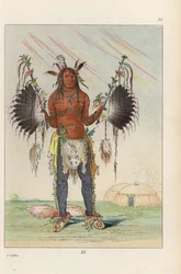 Mandan-Medizinmann Mah-to-he-hah, Alter Bär, bemalt mit verschiedenen Farben, Bärenschmalz und Holzkohle, hält gefiederte Medizinpfeifen und trägt Fuchsschwänze an den Fersen. Handkolorierte Lithographie aus George Catlin