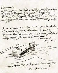 Manuskript von Charles Baudelaire, illustriert mit einer Zeichnung eines Bootes