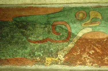 Mexiko, Mexiko-Stadt, Teotihuacan (1. Jahrhundert n. Chr.), Tempel der Jaguare, Fresko eines Papageis