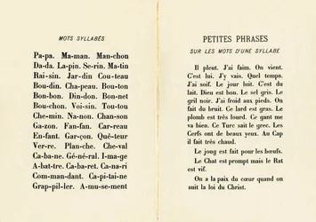 Wörter, Silben und kleine Sätze mit einsilbigen Wörtern - Gravur aus ABCD der kleinen Mädchen. Pellerin & Cie, Drucker-Verleger, Epinal, um 1890. Serie A. Maße: 19 x 13,5 cm.