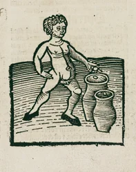 Nackter Mann mit Töpfen