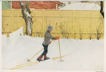 Eines der Kinder des schwedischen Illustrators Carl Larsson (1853-1919) lernt, sich auf Skiern zu bewegen. Zeichnung aus „Das Haus in der Sonne“ 1921
