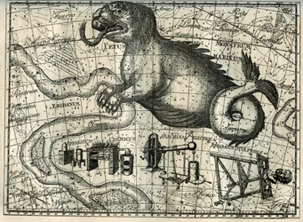 Eines der letzten in Frankreich sichtbaren südlichen Sternbilder ist das des Walfischs, dargestellt als fantastisches Tier mit gespaltener Zunge und langem Schwanz. Südlich des Walfischs enthalten die Himmelskarten drei moderne Sternbilder: die Werkstatt