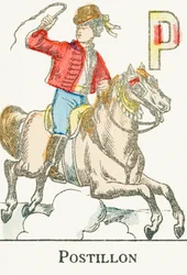 P: Postillon, ein junger Reiter im Kosakenkostüm - Gravur aus „Alphabet der Spiele“, um 1890