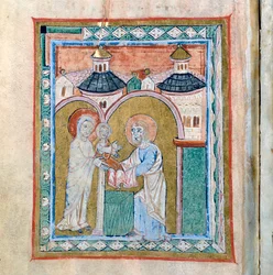 Seite eines Kodex, die die Darstellung im Tempel zeigt, Schatzkammer der Kathedrale von Vercelli