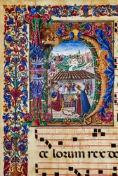 Piccolomini-Bibliothek: Chorbuch, Cod. 2.B, ff. 5v mit „Geburt Christi“, von Florentiner Illuminator. (Detail)