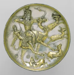 Teller mit Jagdszene aus der Geschichte von Bahram Gur und Azadeh, ca. 5. Jahrhundert