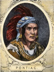 Porträt von Pontiac (oder Obwandiyag, ca. 1714-1769), Häuptling des Indianerstammes der Outaouais-Indianer von Detroit (Ottawa-Nation). Farbstich aus dem 19. Jahrhundert.