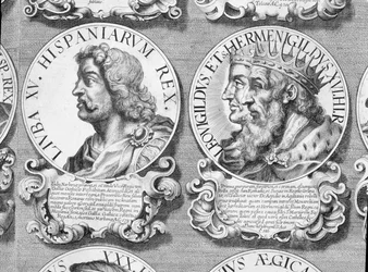 Porträts von Liuva I., Liuvigild und Hermenegild (Lithografie)