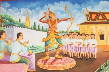 Preah Prom Rath Kloster, Leben des Buddha, Prinz Siddhartha Gautama wurde ein Meister im Schwertkampf, Ringen und Bogenschießen, Siem Reap, Kambodscha