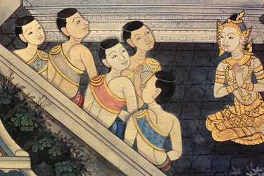 Prinz Rama. Wandmalerei-Detail an den Innenwänden des Vihara aus der Ära von König Rama III, das den Ramakian darstellt. Wat Pho - Wat Phra Chettuphon. 1788. Bangkok, Thailand