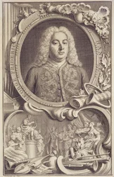 George Frederick Handel (1685-1759), Frontispiz zu "Israel in Egypt", graviert von Jacobus Houbraken (1698-1780)