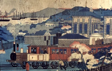 Eisenbahn in einem japanischen Hafen, Ende des 19. Jahrhunderts (Gravur)