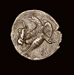 Seltene antike griechische Münze, Silber-Tetradrachme, Agrigentum, Adler mit Hase, 411 v. Chr. (Foto)