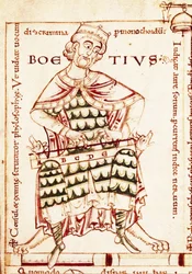 Darstellung des lateinischen Philosophen Boethius (Anicius Manlius Severinus Boetius) (480-524) mit einem Musikinstrument (musikalische Studie). Miniatur aus einem Manuskript aus Canterbury.