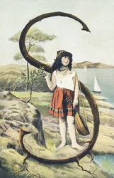 S: Ein junges Mädchen in kurzem Rock und ärmellosem Mieder hält eine Mandoline in der linken Hand. Ländliche Umgebung - Alphabet Figuren Ref Th. E., L. Theochrom - Serie 994. Theodor Eisman, Verleger, Leipzig