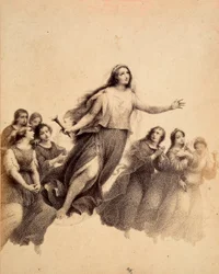 Die heilige Lucia, mit Fackel in der Hand, fliegt durch das Firmament des Empyreums, umgeben von Jugendlichen. Illustration des Canto XXXII in Paradiso aus der Göttlichen Komödie von Dante Alighieri. Werk von Francesco Scaramuzza, gewidmet der Gemeinde Flo