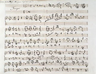 Notenblatt für Händels Fuge aus einem Manuskript mit zwei Werken von Domenico Scarlatti und Friedrich Händel