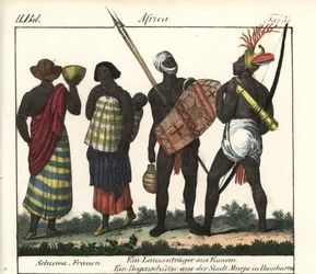 Shoua-Frauen mit einem Baby, einem Speer und einem Bogenschützen aus dem Kanem-Reich (Tschad und Libyen). Lithographie aus dem Buch: „Galerie complète en tableaux fidèles des peuples d