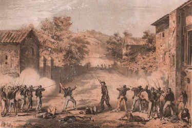 Sizilianische Freiwillige greifen die Vorposten der Neapolitaner in Milazzo, Sizilien, an