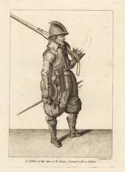 Soldat aus der Zeit von König James I. bewaffnet mit einer Kaliver oder Arkebuse