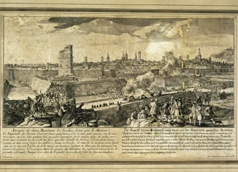 Spanien: Spanischer Erbfolgekrieg (1714). Belagerung von Barcelona (Gravur).