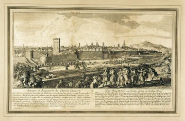 Spanien: Spanischer Erbfolgekrieg (1714). Belagerung von Barcelona (Gravur).