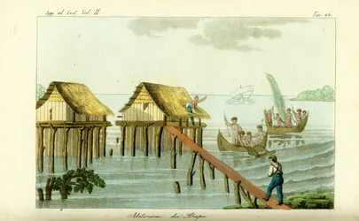 Pfahlbauten im Ozean auf der Insel Rawak, Papua-Neuguinea