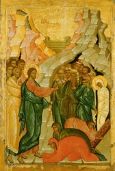 Die Auferweckung des Lazarus, russische Ikone, Nowgoroder Schule