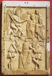 Die drei Marien am Grab, geschnitzte Tafel, Schule des Palastes von Karl dem Großen, französisch