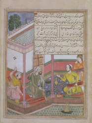 Die siebenundzwanzigste Nacht: Zarir und zwei andere Weber verkaufen Stoff an einen Mann mit einer Geldbörse, aus Tuti Nama (Tutiname) ca. 1580