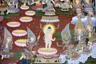 Die Geburt des Säuglings Siddhartha, Wandfresko, Wat Maniratanaram Kloster, Phnom Penh, 2022